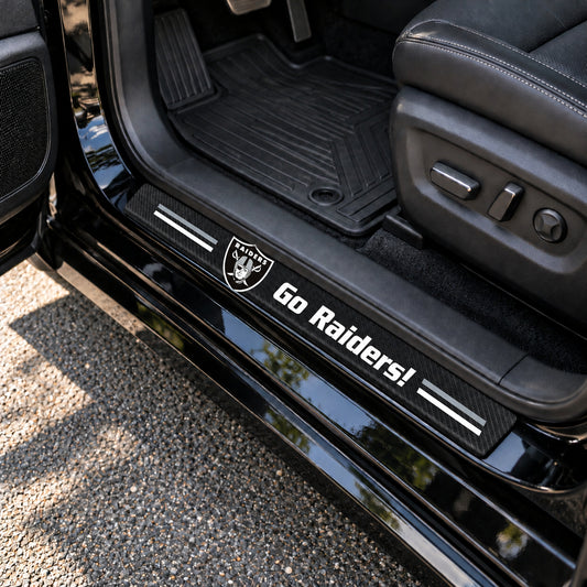 Las Vegas Raiders carbon fiber texture car door sill protector strips installed on a black car