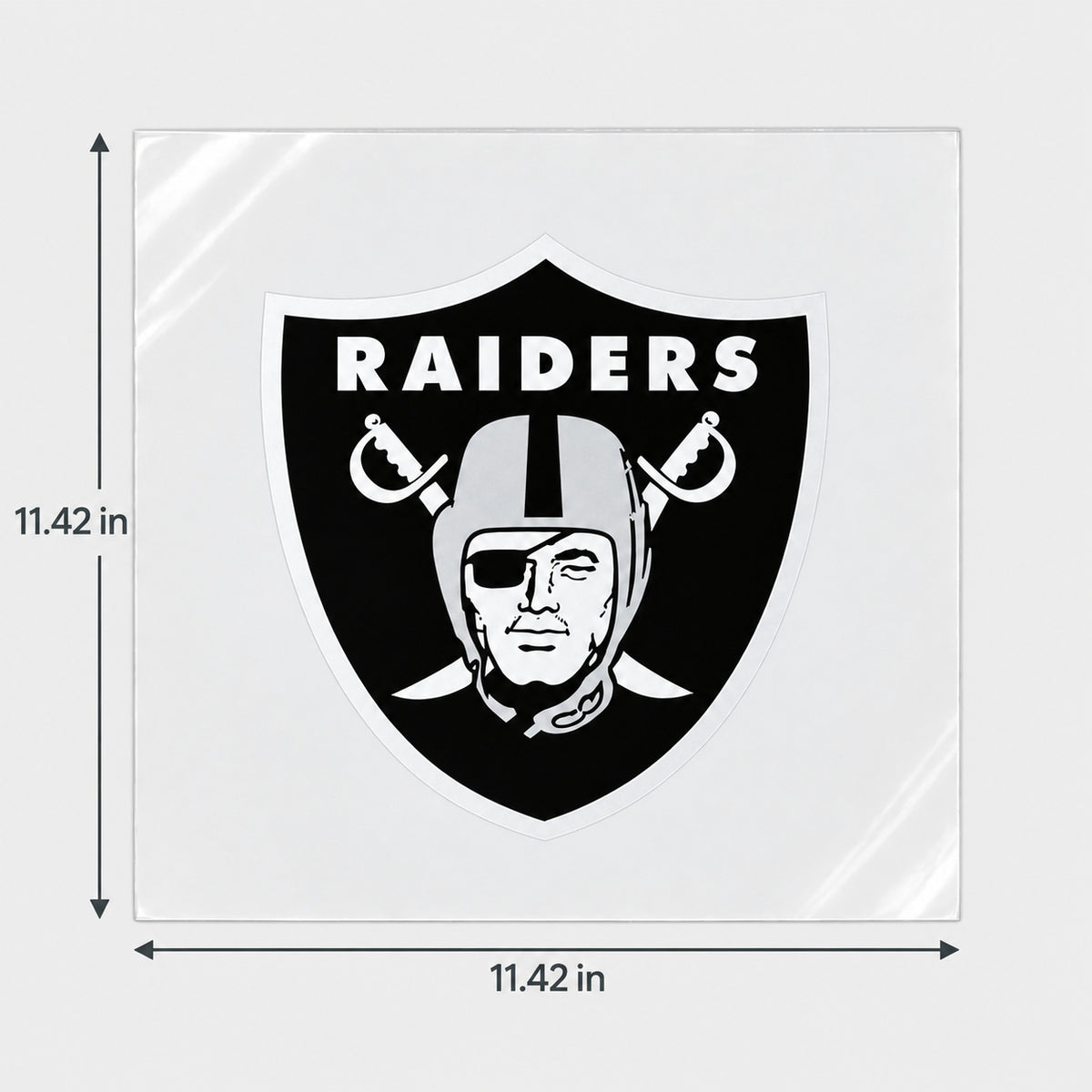 Las Vegas Raiders decorative sticker displayed on clear film with size markings