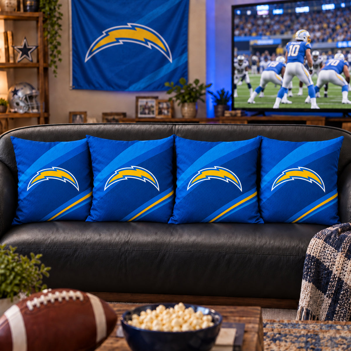 Matching Los Angeles Chargers sofa cushion covers shown in a living-room styling example