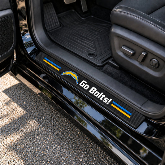 Los Angeles Chargers carbon fiber texture car door sill protector strips installed on a black car