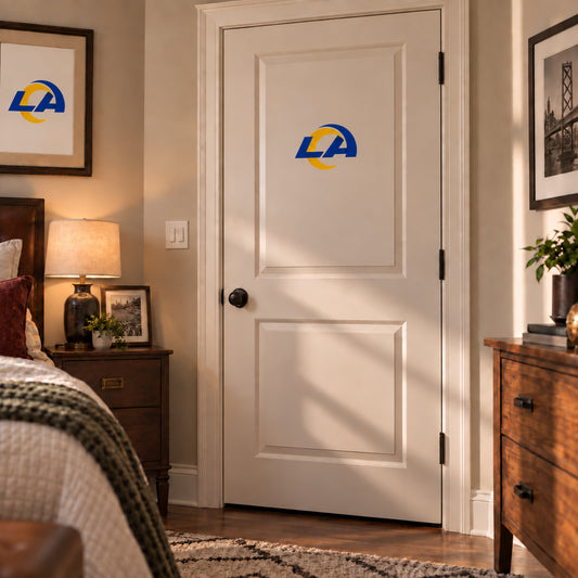 Los Angeles Rams decorative sticker on an interior door, corrected 29 cm proportion