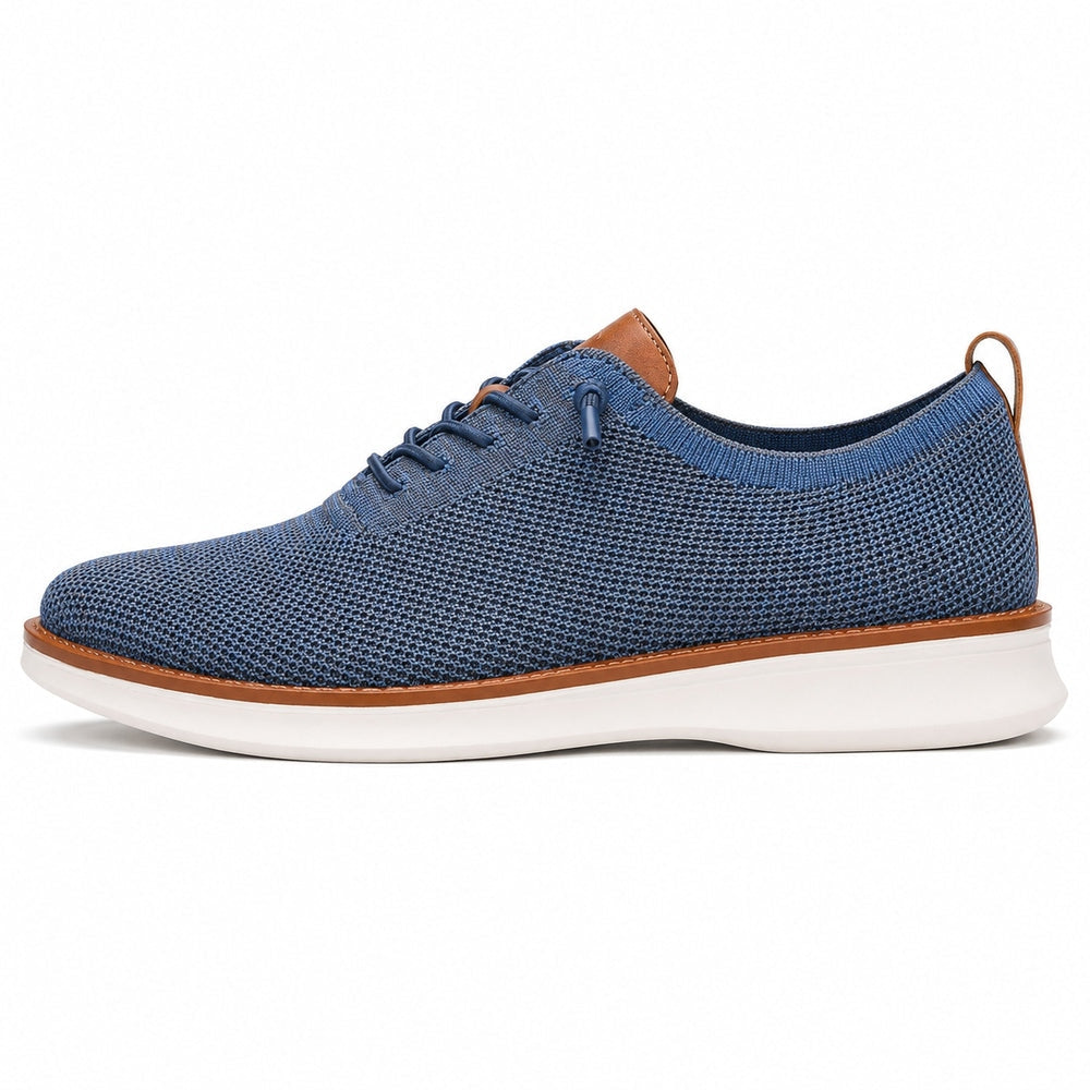 Men's breathable knit dress sneakers, blue upper with white sole, side view