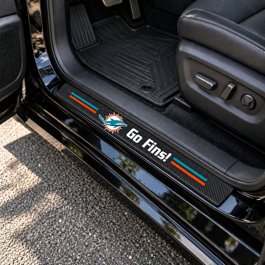 Miami Dolphins carbon fiber texture car door sill protector strips installed on a black car