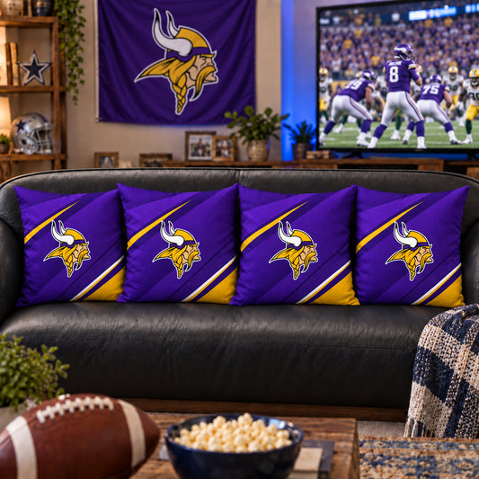 Matching Minnesota Vikings sofa cushion covers shown in a living-room styling example