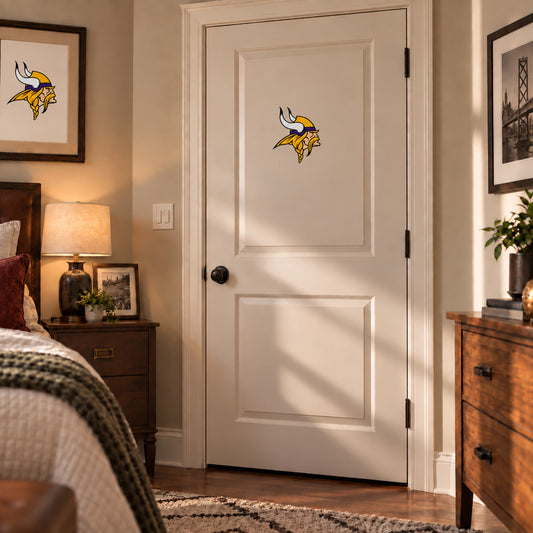 Minnesota Vikings decorative sticker on an interior door, corrected 29 cm proportion