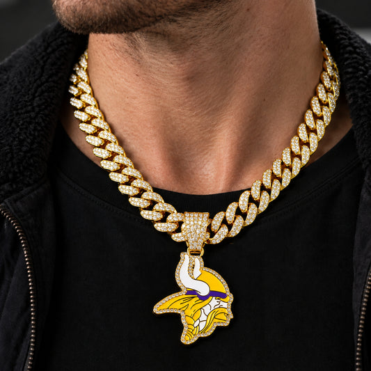 Minnesota Vikings gold-tone rhinestone Cuban-link necklace, worn view