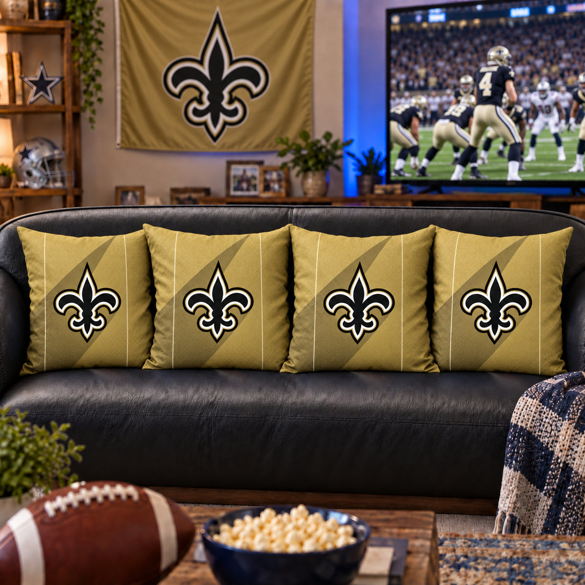 Matching New Orleans Saints sofa cushion covers shown in a living-room styling example