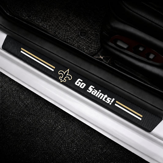 New Orleans Saints car door sill protector strips — vehicle installation view