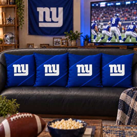 Matching New York Giants sofa cushion covers shown in a living-room styling example