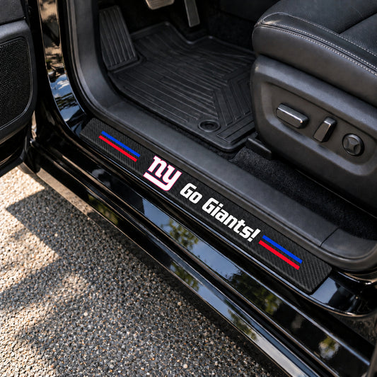 New York Giants carbon fiber texture car door sill protector strips installed on a black car