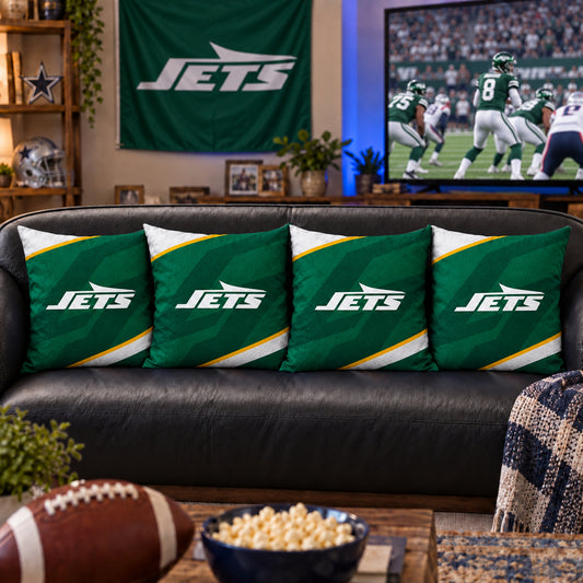 Matching New York Jets sofa cushion covers shown in a living-room styling example