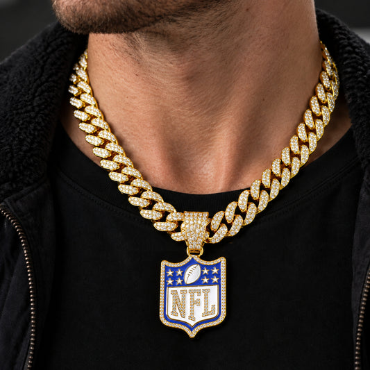 NFL Shield gold-tone rhinestone Cuban-link necklace, worn view