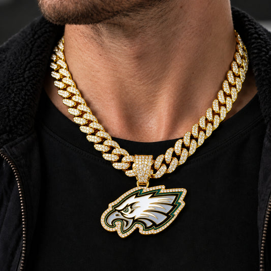Philadelphia Eagles gold-tone rhinestone Cuban-link necklace, worn view