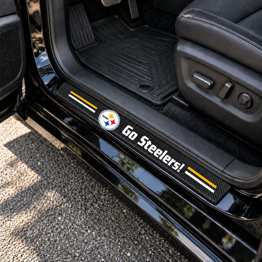 Pittsburgh Steelers carbon fiber texture car door sill protector strips installed on a black car