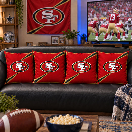 Matching San Francisco 49ers sofa cushion covers shown in a living-room styling example