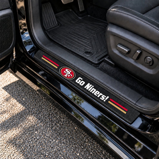 San Francisco 49ers carbon fiber texture car door sill protector strips installed on a black car