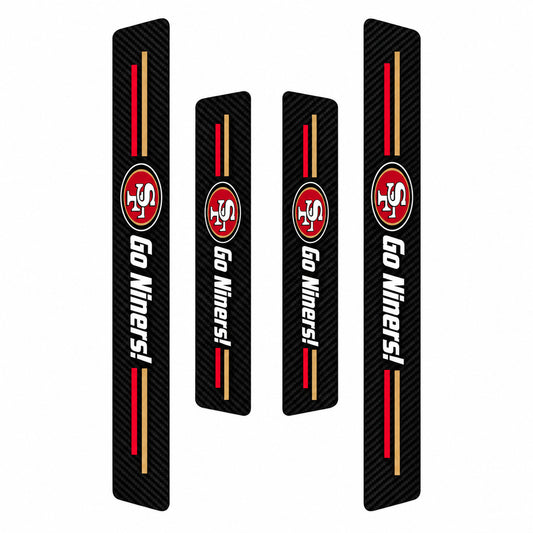 San Francisco 49ers car door sill protector strips — four-piece product layout