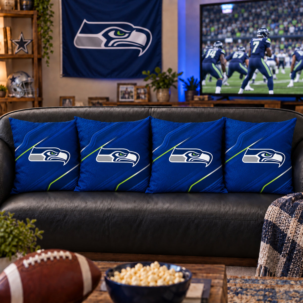 Matching Seattle Seahawks sofa cushion covers shown in a living-room styling example