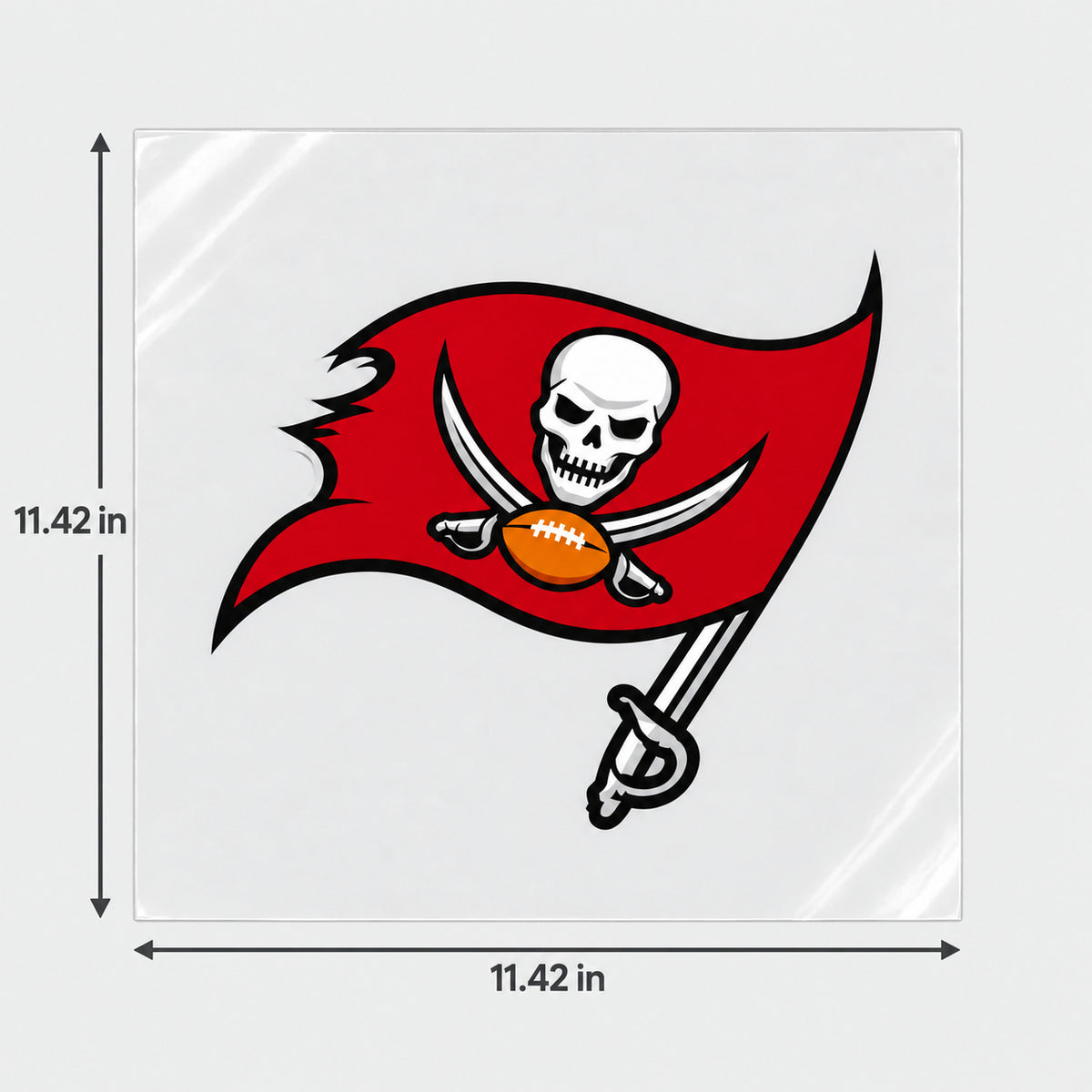 Tampa Bay Buccaneers decorative sticker displayed on clear film with size markings