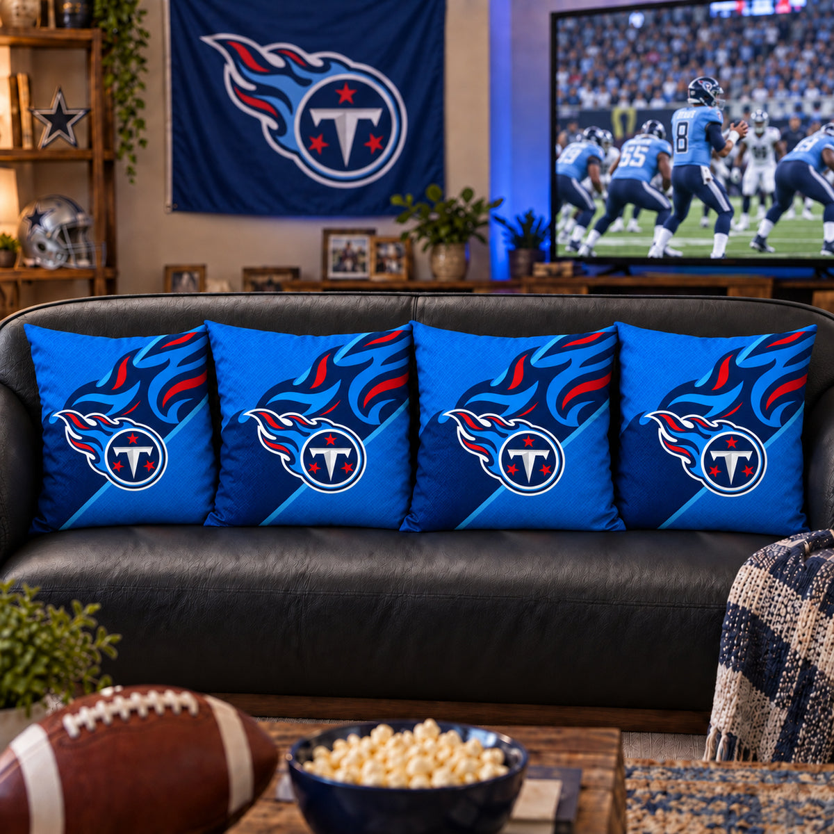 Matching Tennessee Titans sofa cushion covers shown in a living-room styling example