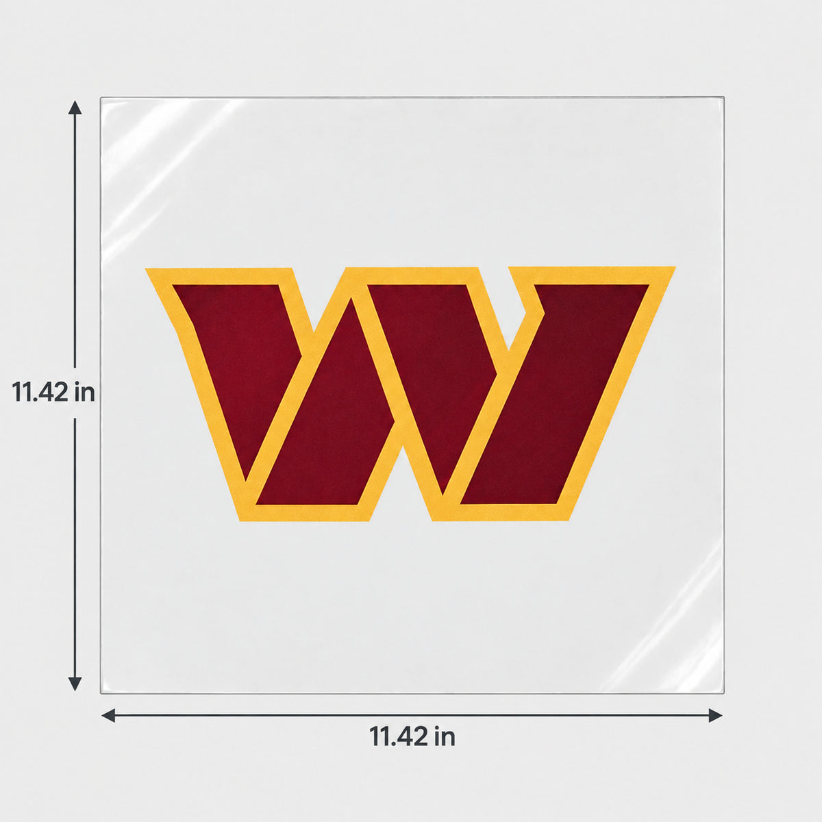 Washington Commanders decorative sticker displayed on clear film with size markings