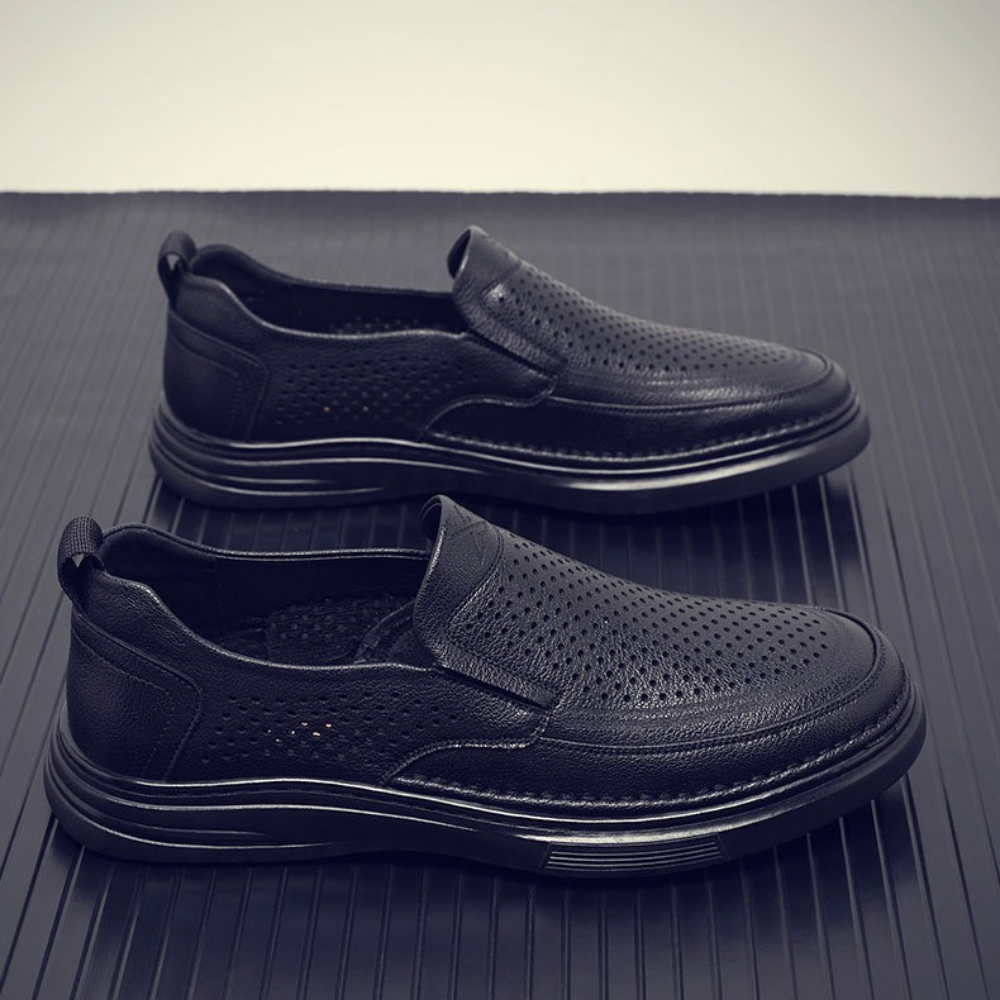 Breathable hollow black versatile leather shoes - Bellkmart