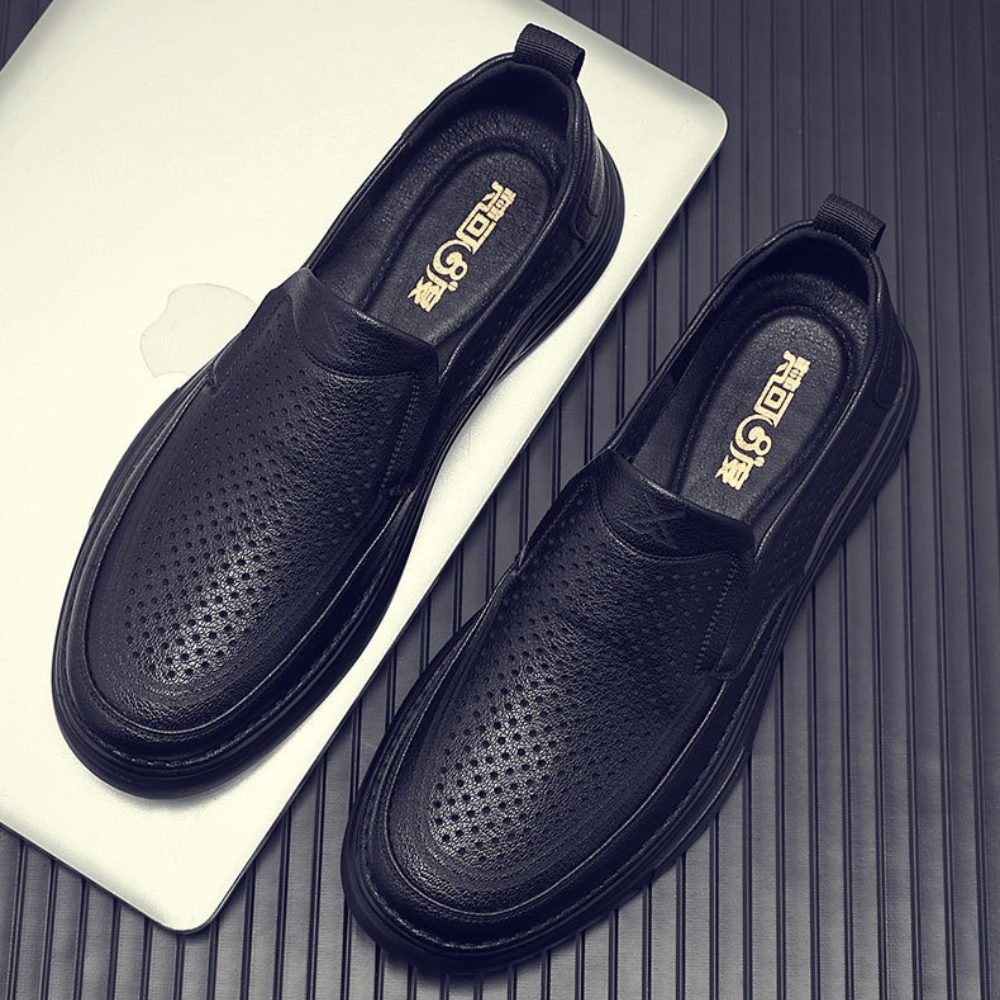 Breathable hollow black versatile leather shoes - Bellkmart