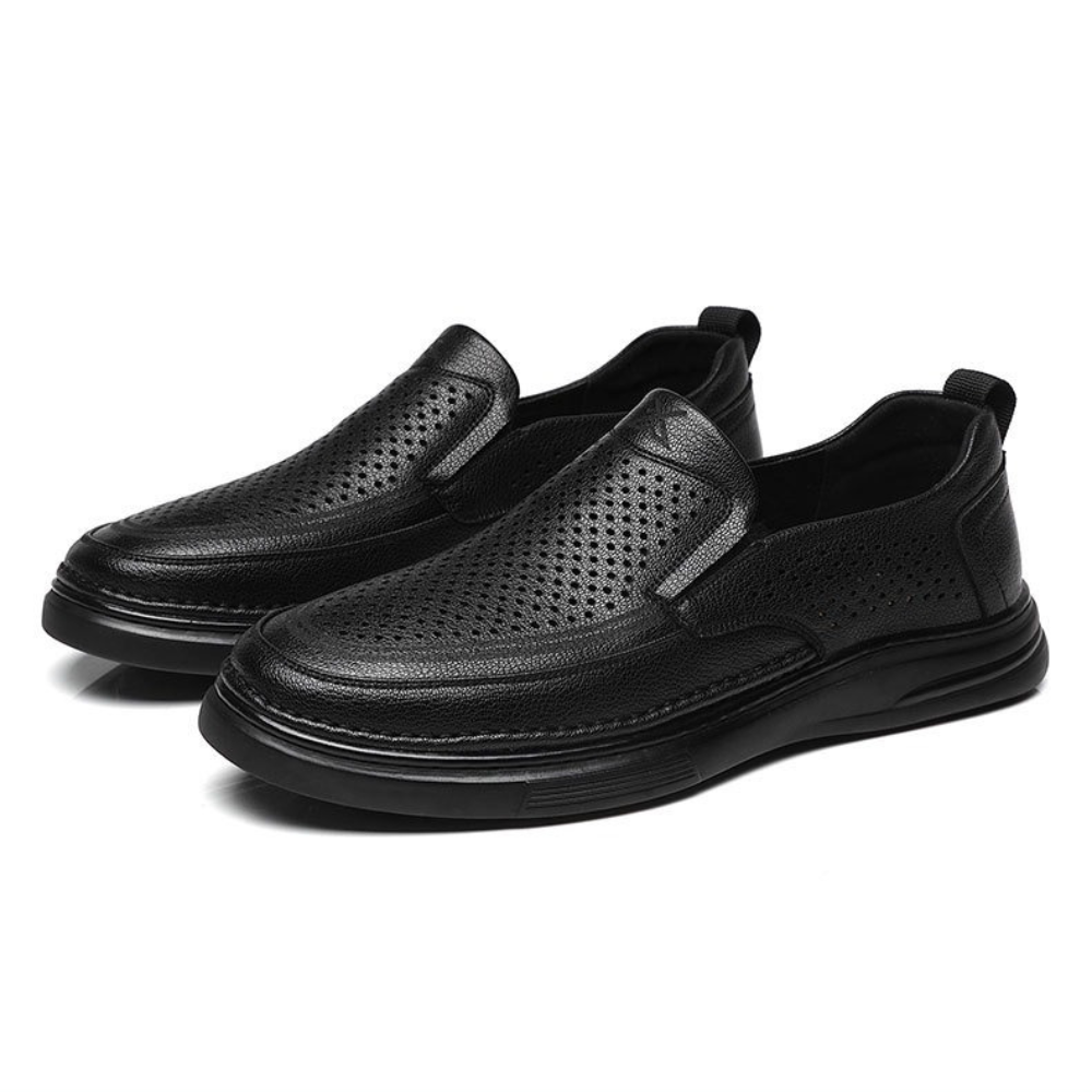 Breathable hollow black versatile leather shoes - Bellkmart