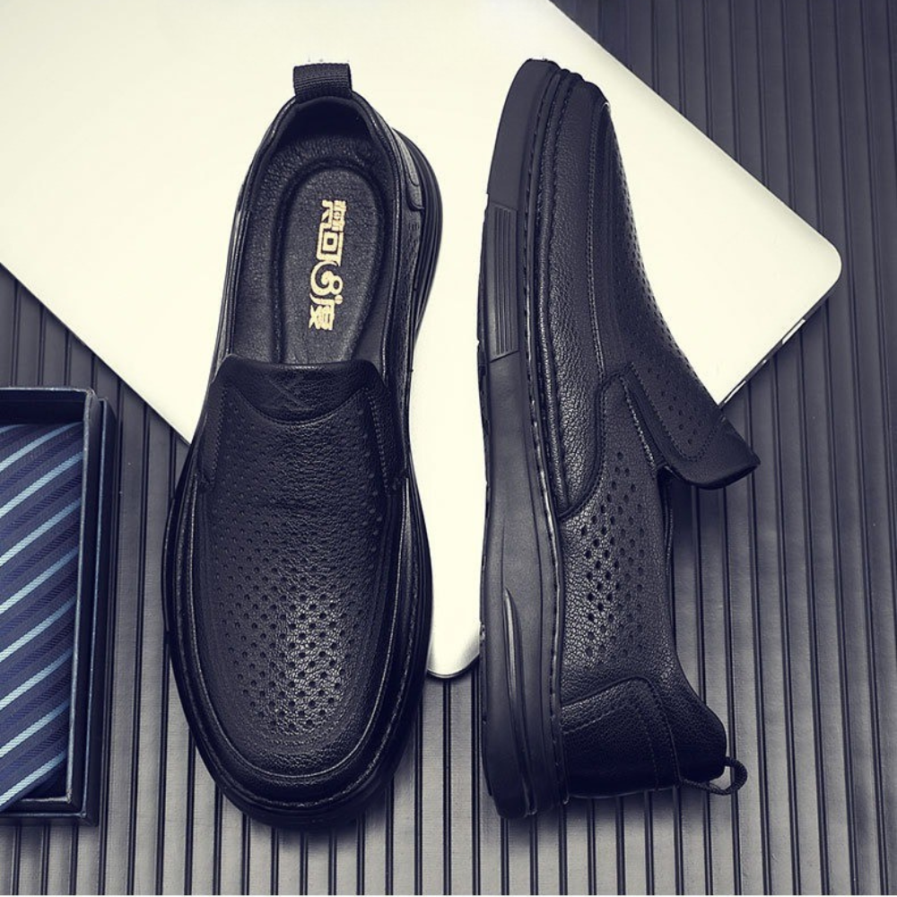 Breathable hollow black versatile leather shoes - Bellkmart