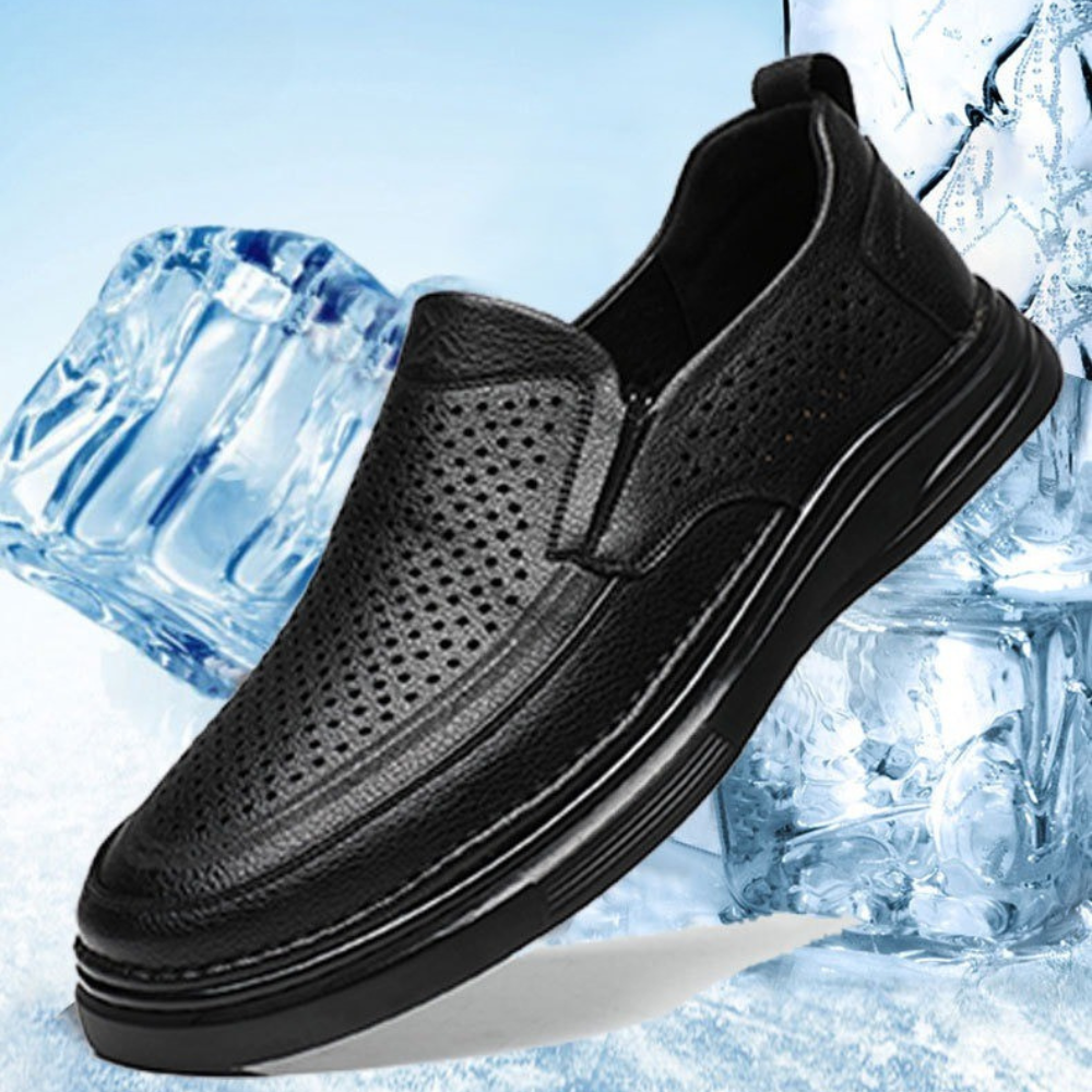 Breathable hollow black versatile leather shoes - Bellkmart