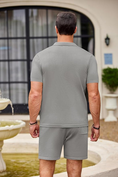 Vintage Short Sleeve Button Down Knit Polo Shirts Casual Beach Shorts Sets - Bellkmart