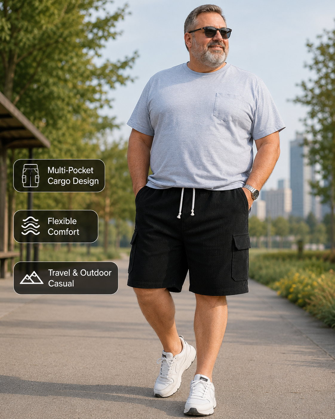 Big & Tall Corduroy Cargo Shorts with Elastic Waist - Bellkmart