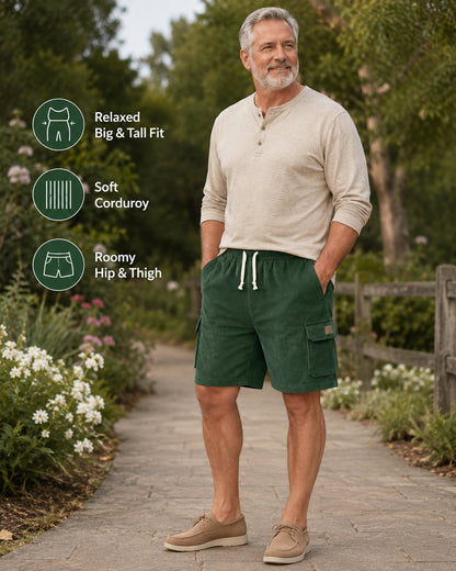 Big & Tall Corduroy Cargo Shorts with Elastic Waist - Bellkmart