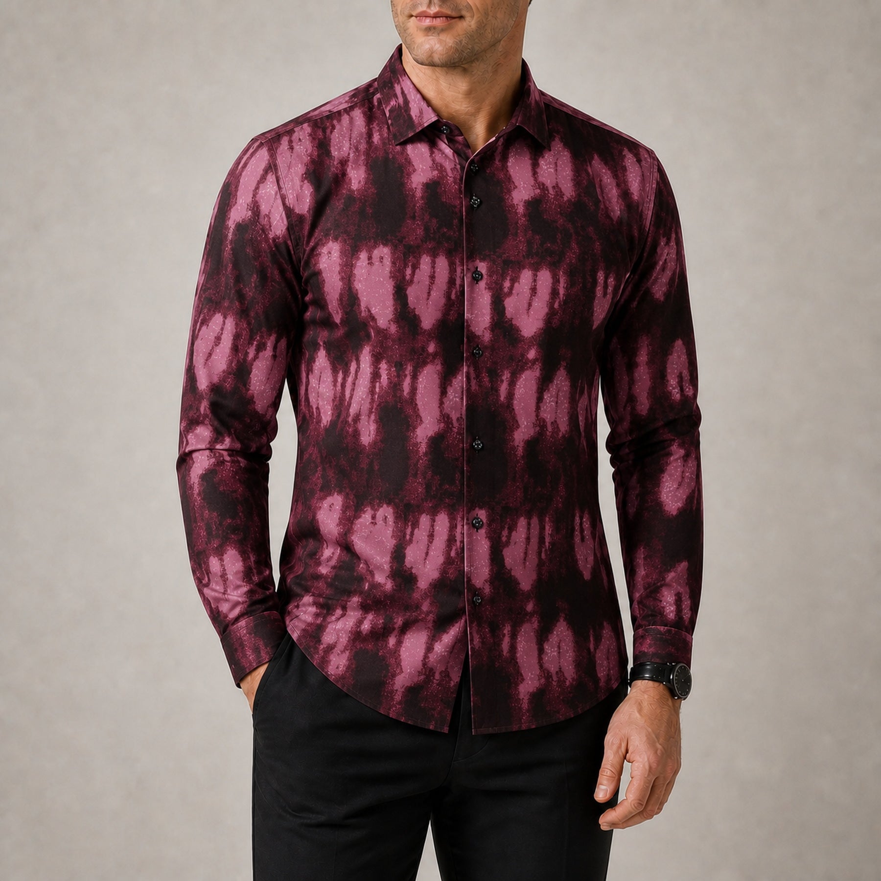 Drift men's abstract print roll-sleeve shirt in Burgundy Ink, view 02