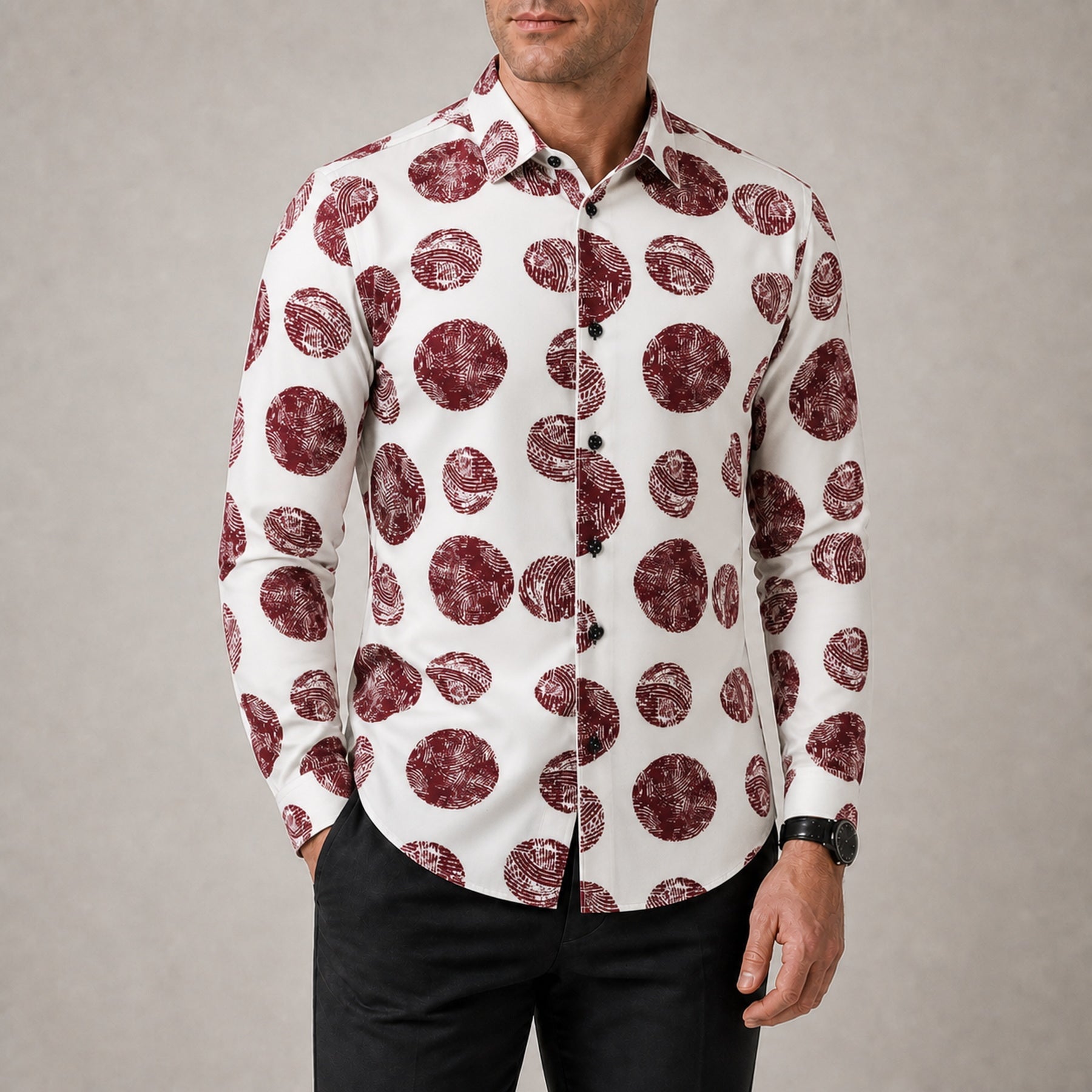 Drift men's abstract print roll-sleeve shirt in Burgundy Pebble, view 02