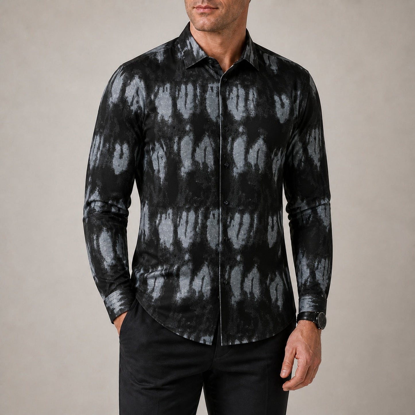 Drift men's abstract print roll-sleeve shirt in Charcoal Ink, view 02