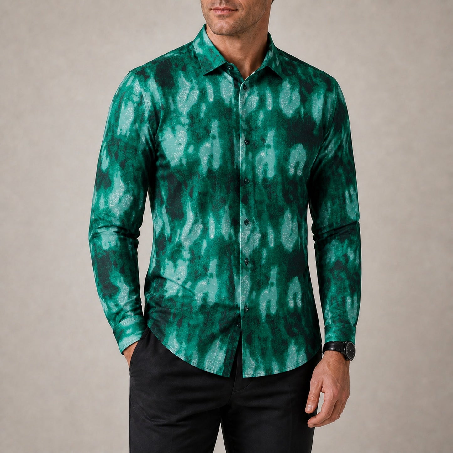 Drift men's abstract print roll-sleeve shirt in Emerald Ink, view 02
