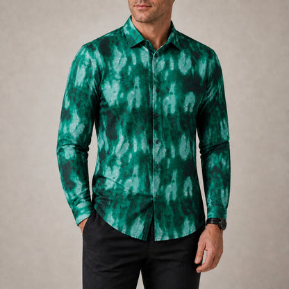 Drift men's abstract print roll-sleeve shirt in Emerald Ink, view 02