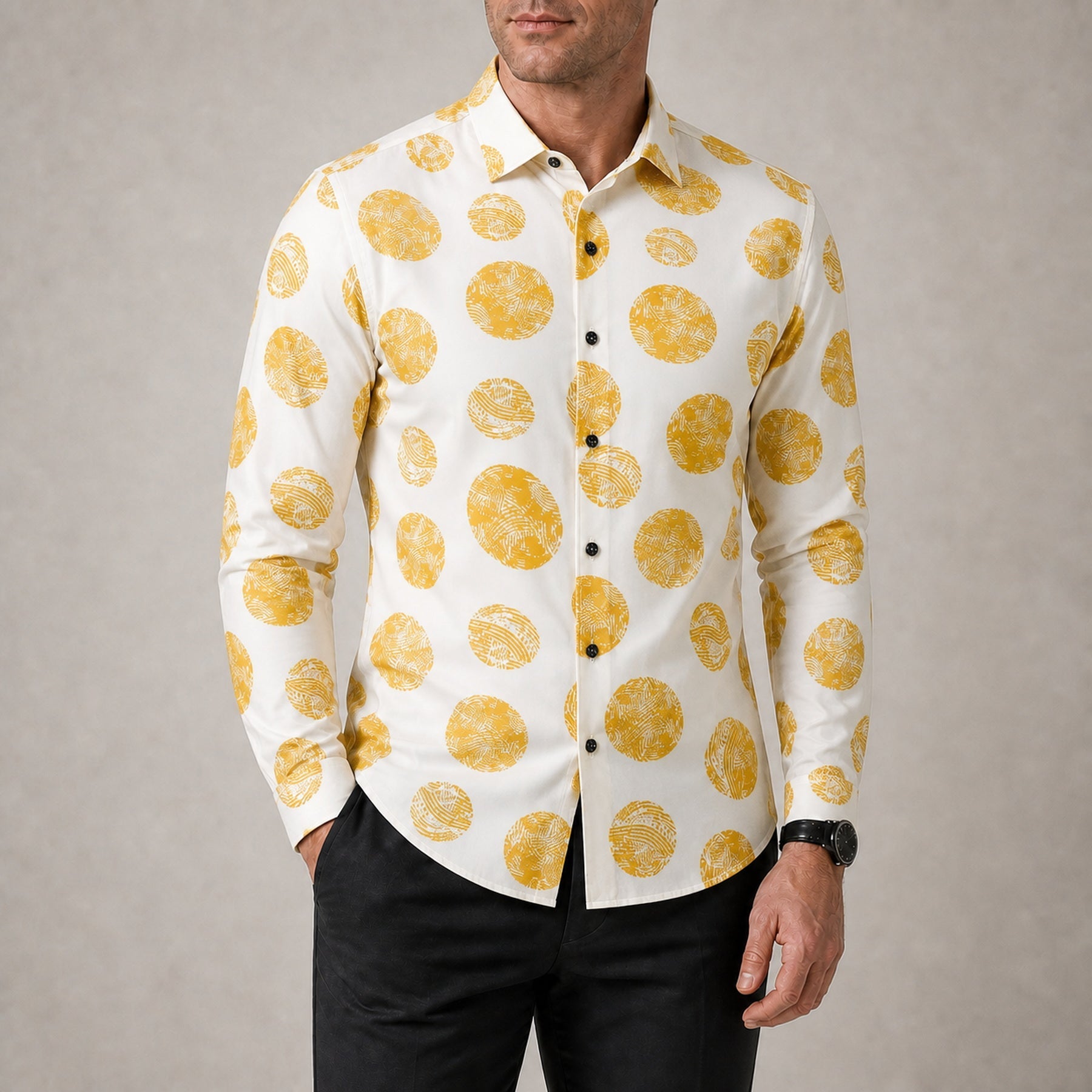 Drift men's abstract print roll-sleeve shirt in Golden Pebble, view 02