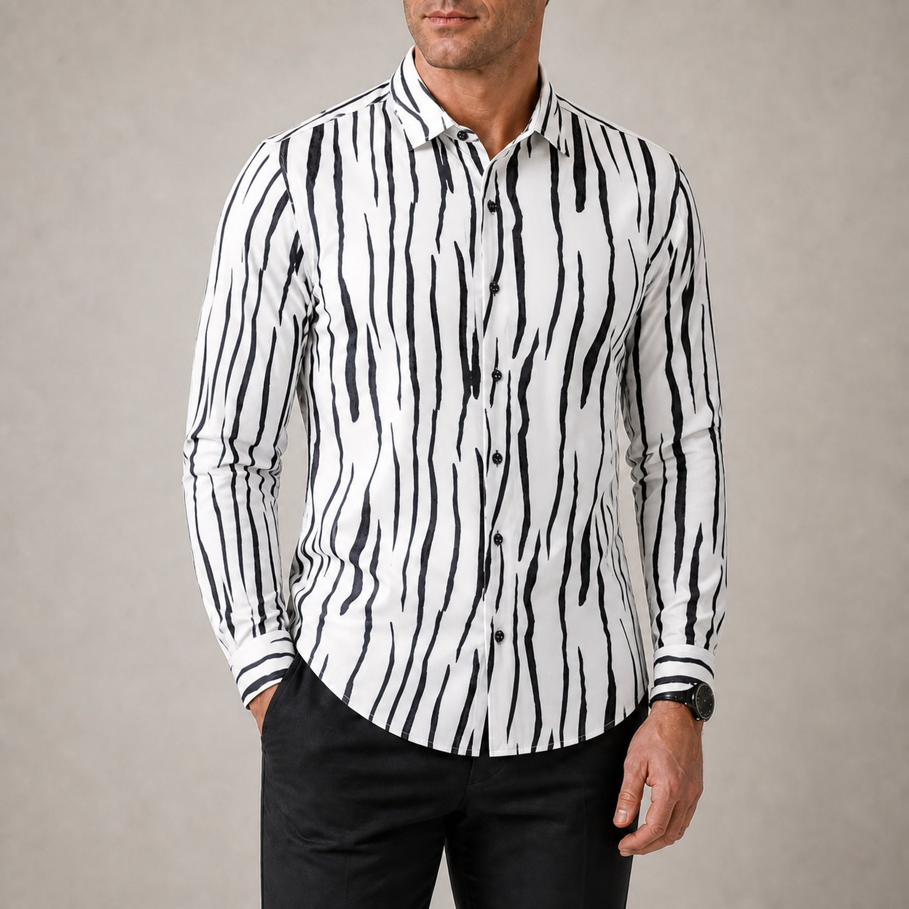 Drift men's abstract print roll-sleeve shirt in Ivory Ripple, view 02