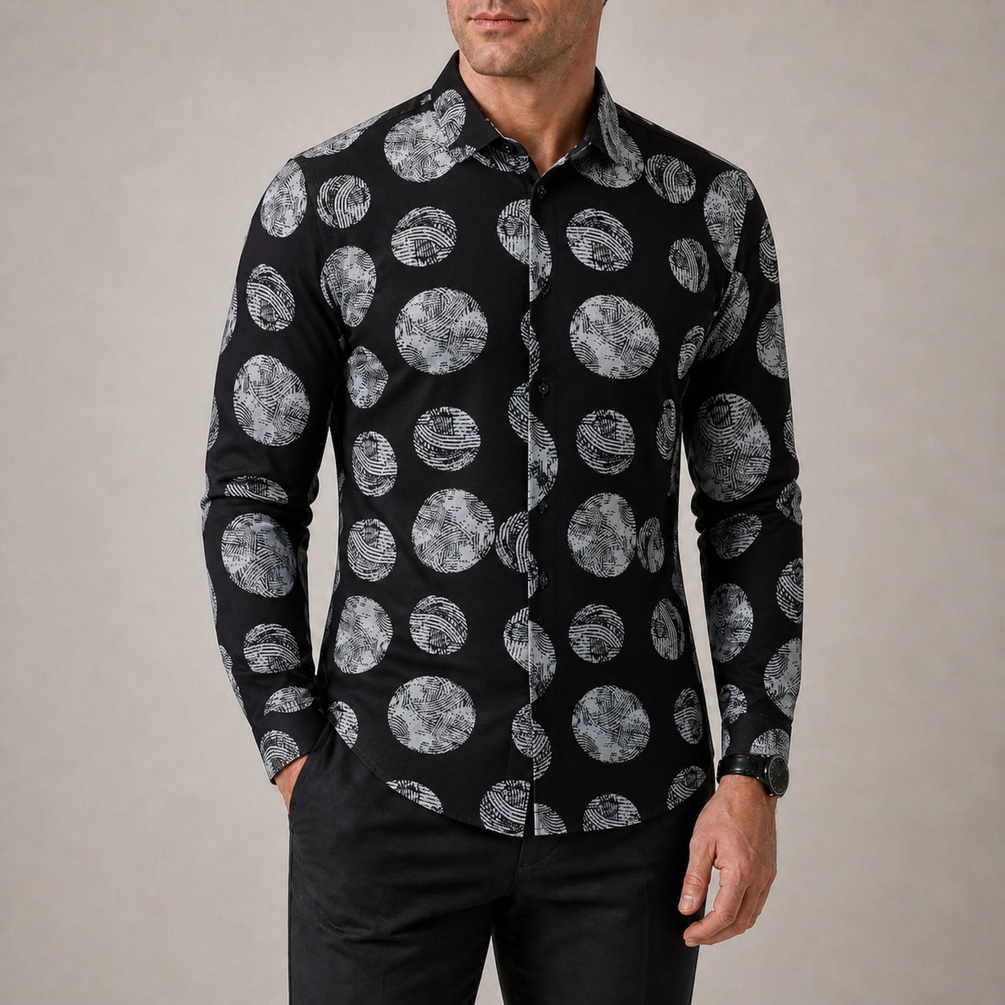 Drift men's abstract print roll-sleeve shirt in Midnight Pebble, view 02