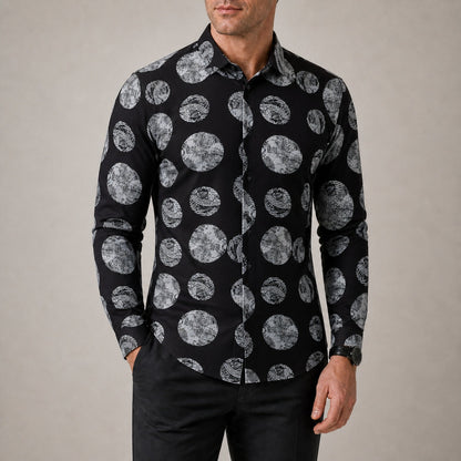 Drift men's abstract print roll-sleeve shirt in Midnight Pebble, view 02