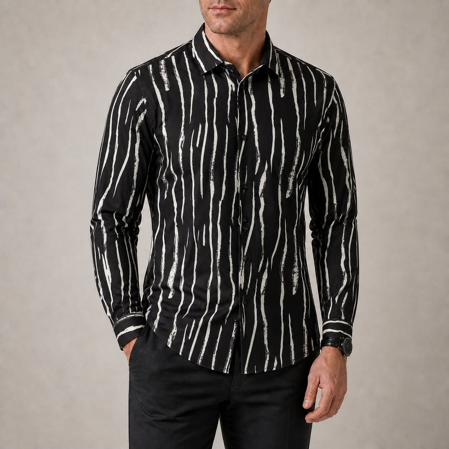 Drift men's abstract print roll-sleeve shirt in Midnight Ripple, view 02