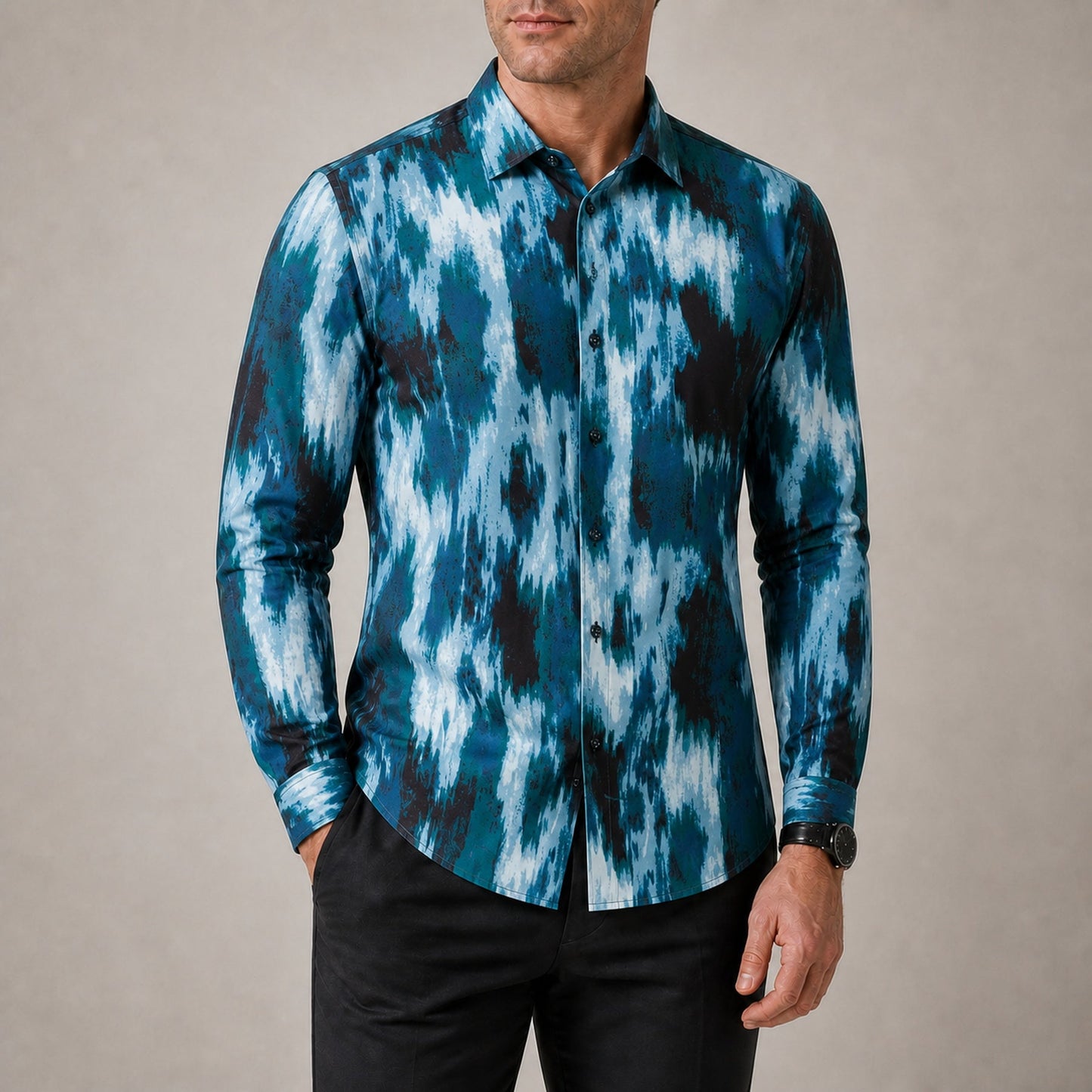 Drift men's abstract print roll-sleeve shirt in Ocean Ink, view 02