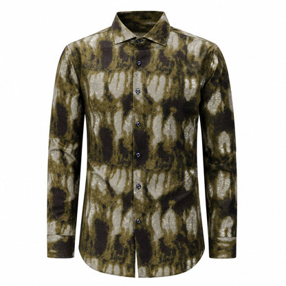 Drift men's abstract print roll-sleeve shirt in Olive Ink, view 01