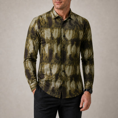 Drift men's abstract print roll-sleeve shirt in Olive Ink, view 02