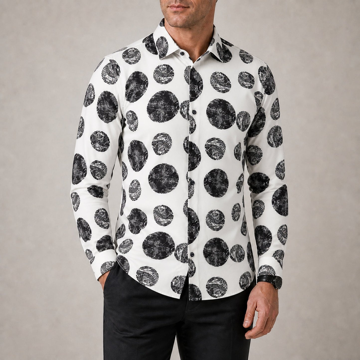 Drift men's abstract print roll-sleeve shirt in Onyx Pebble, view 02