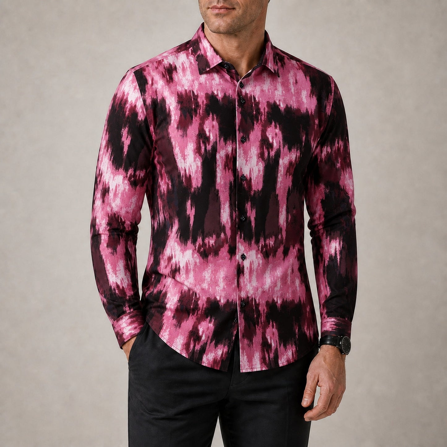 Drift men's abstract print roll-sleeve shirt in Rose Ink, view 02
