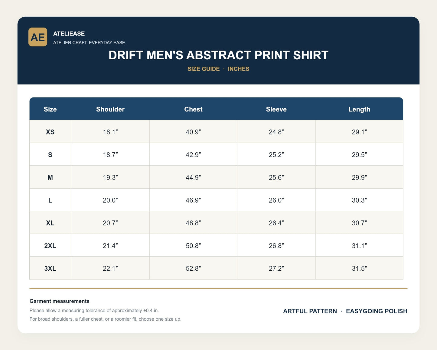 Drift men's abstract print shirt size chart in inches, sizes XS to 3XL