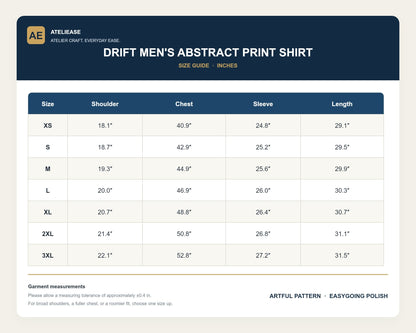 Drift men's abstract print shirt size chart in inches, sizes XS to 3XL